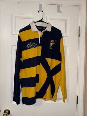 Polo Ralph Lauren Embroidered Bear Rugby Shirt - Navy & yellow Stripes